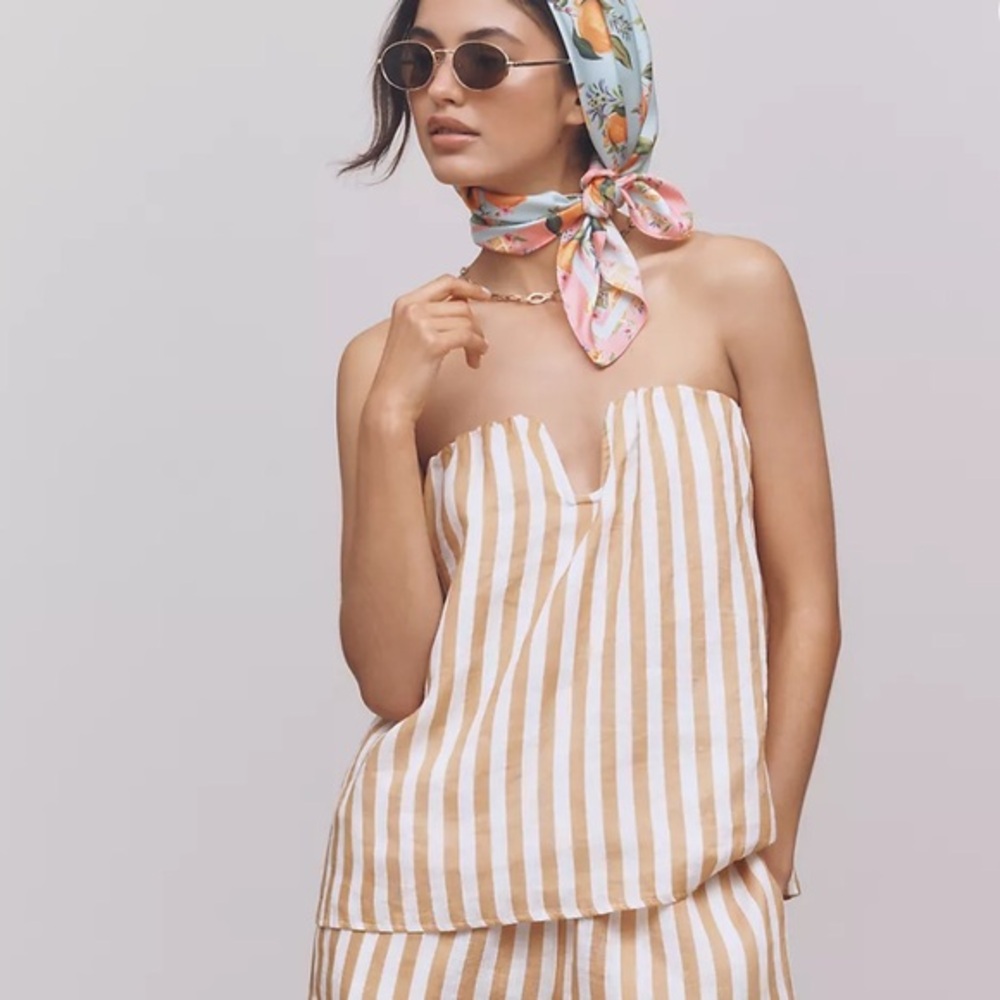 Anthropologie Maeve Cream Beige Strapless Linen Structured Striped Tube Top